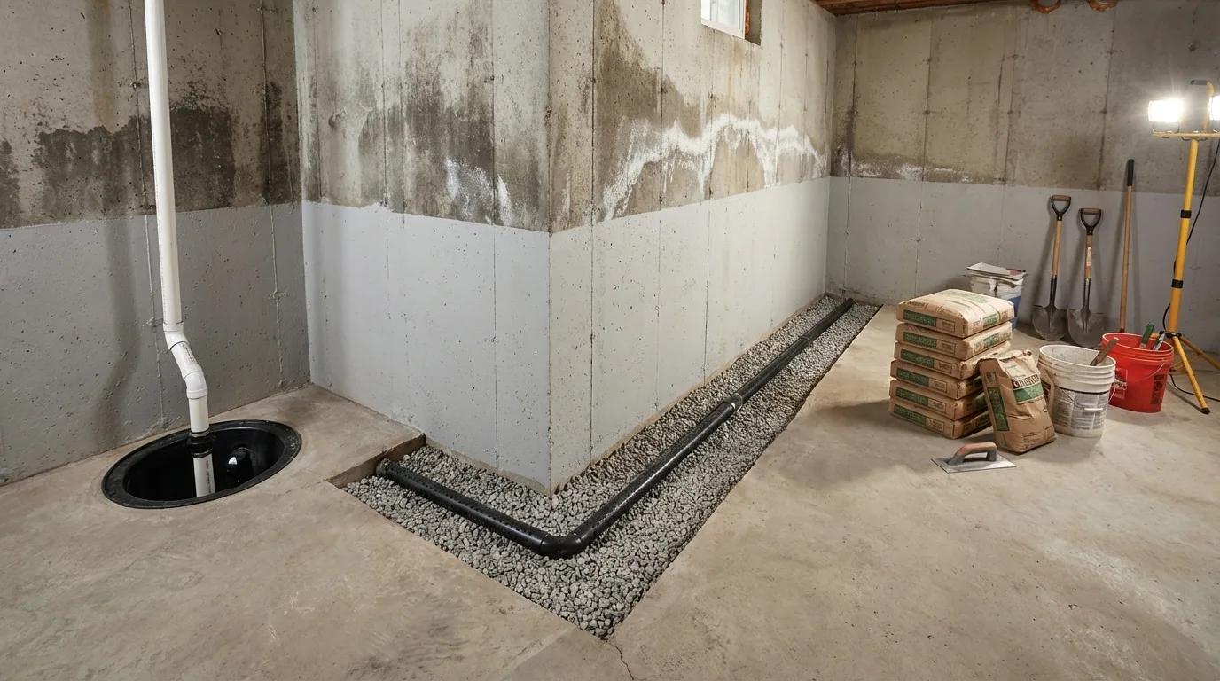 Basement drainage channel installation experts at Key Waterproofing